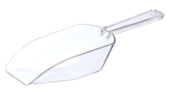 Scoops: 4 oz flat bottom square tip clear scoop, plastic.