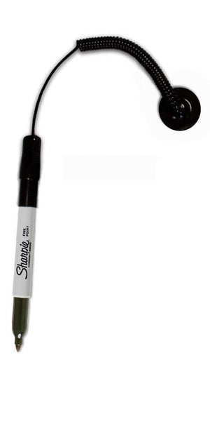 Marker holder coiled tether. 3.5 inches expands to 30 inches. Round adhesive pad keeps it in place.